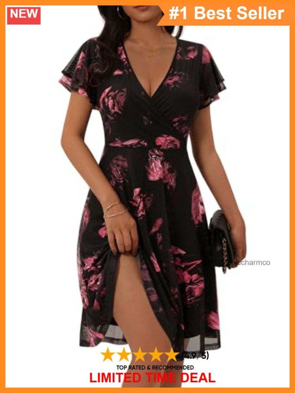 Womens Floral Wrap V-Neck Knee Length Mesh Dress Ruffle Sleeve Wedding Guest